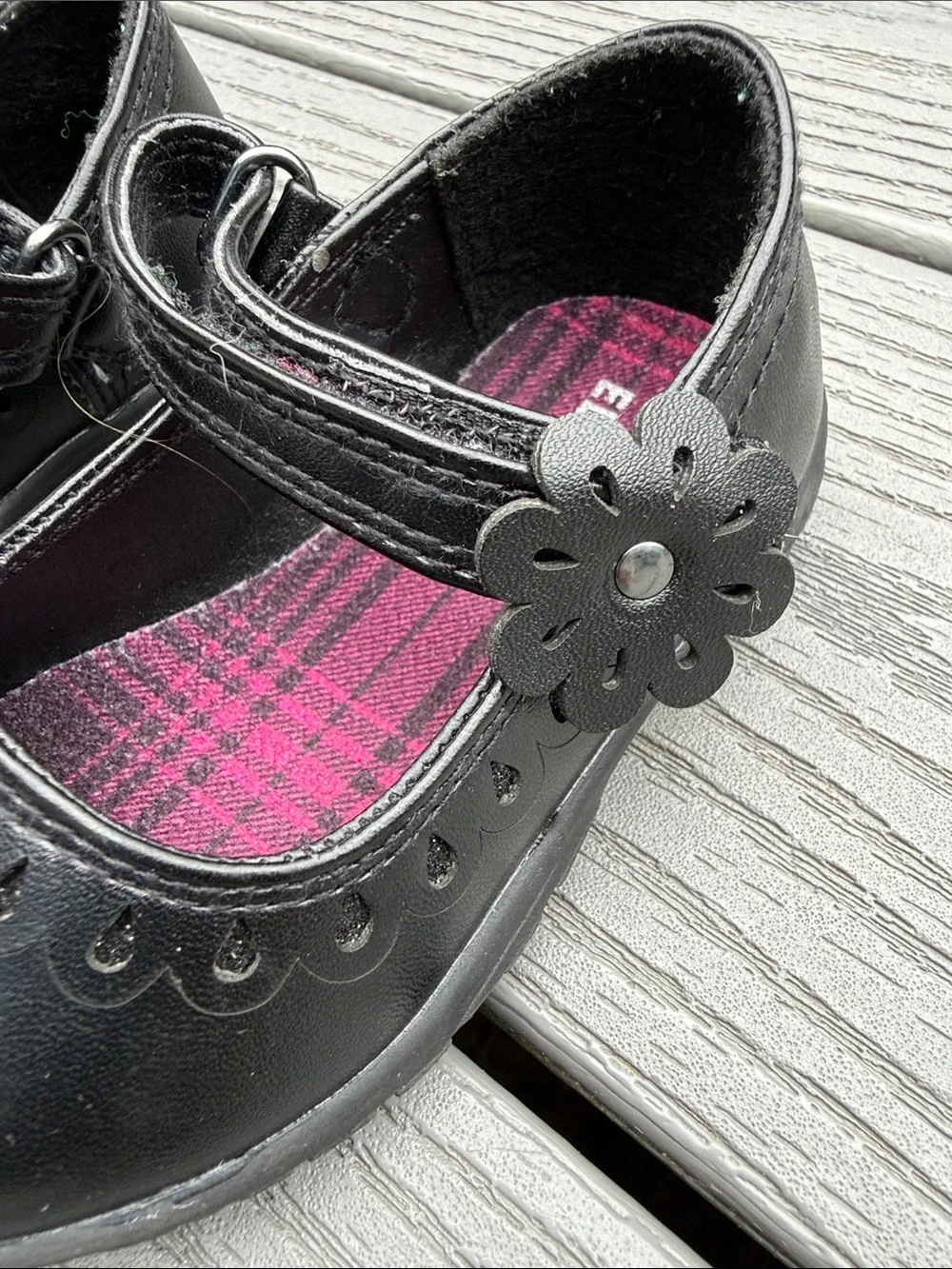 Basic Editions Black Mary Jane Shoes with Pink Plaid Insole